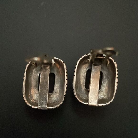 Vintage black onyx 925 Sterling Silver rectangular clip-on earrings weave design - Picture 5 of 5